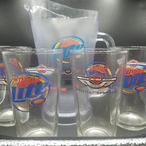 Harley Davidson 100th Anniversary beer pitcher and 4 16oz beer glasses